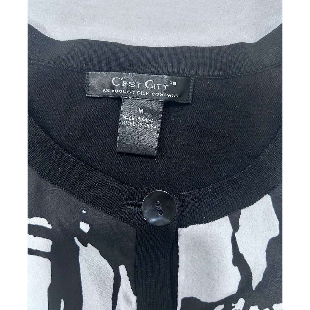 C'est City August Silk Abstract Black & White Cardigan Silk Blend 3/4 Sleeve Med - Picture 2 of 7